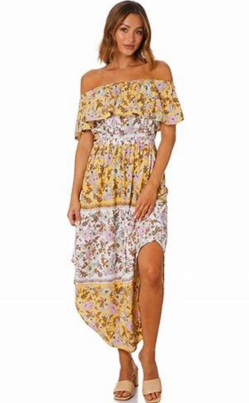 O’NEILL Ziggi Sunshine Yellow Boho Floral Boho Off The Shoulder Midi Dress NWT - Picture 3 of 14